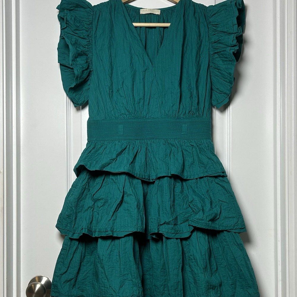 Ulla Johnson 100% Cotton Teal Camilla Tiered Ruffle Dress Quiet Luxury Style